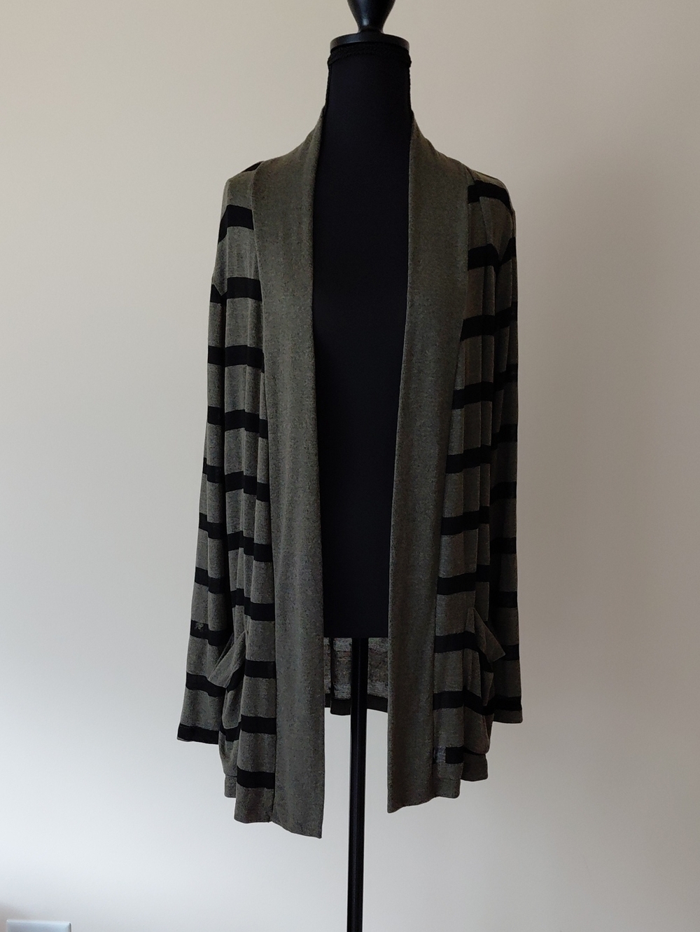 Open-Front Olive and Black Striped Women's Cardigan